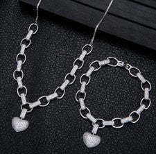 Heart Pendant Necklace and Bracelet Set with Sparkling Stones