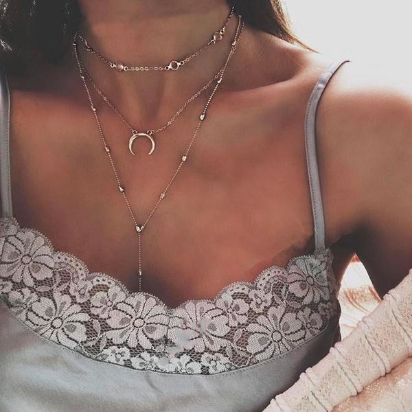 Collier ras du cou croissant de lune avec perles et pendentif 